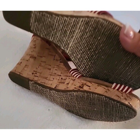 Toms Cork Wedge Sandels 8.5 Red University Stripe Canvas Heels Summer Beachy - Picture 11 of 14